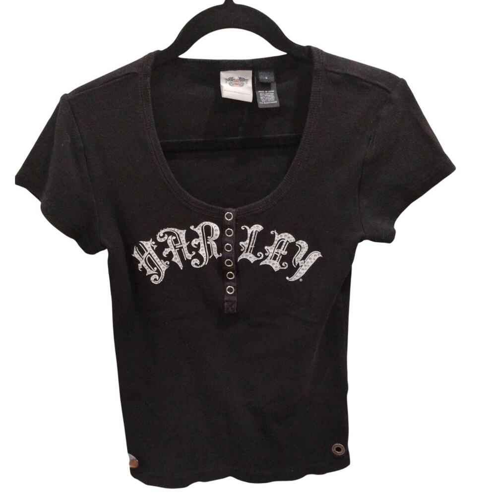 Vintage Y2K Harley-Davidson rhinestone scoop-neck t size L